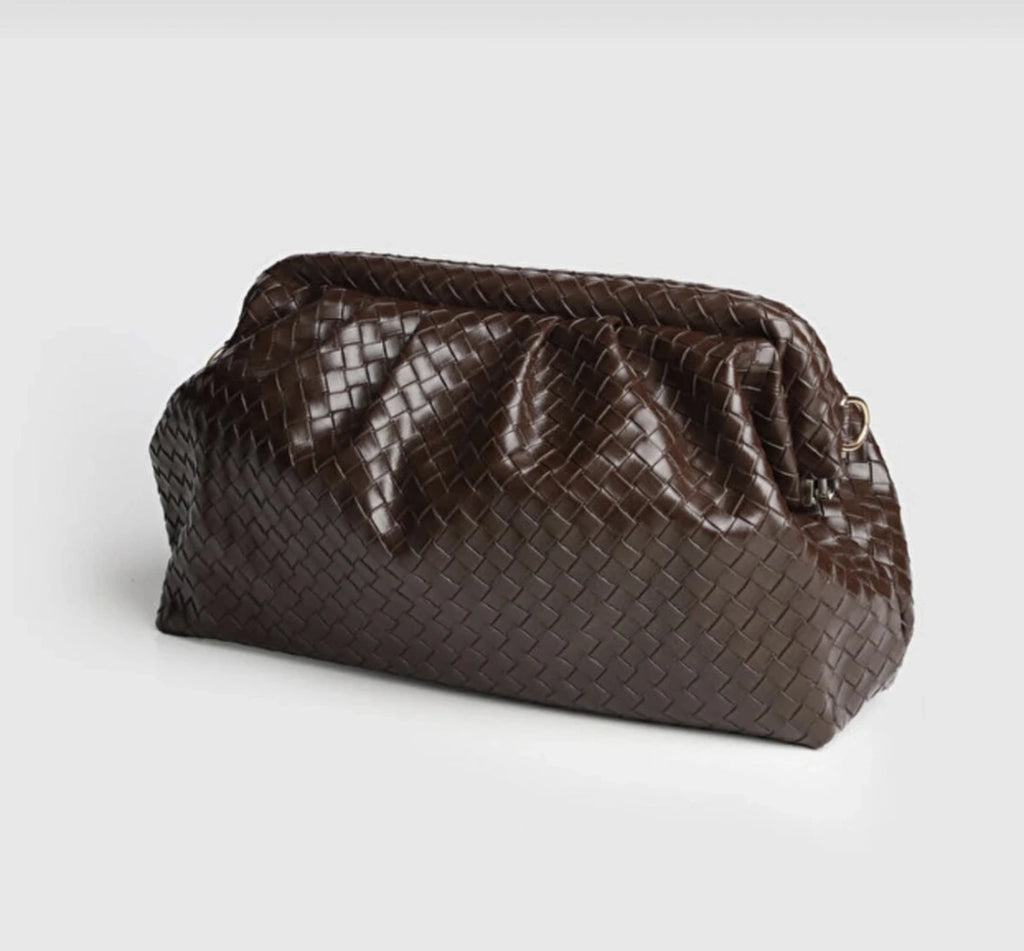 Aura Kahve Örgü Dokulu Clutch Omuz ve Çapraz Çanta