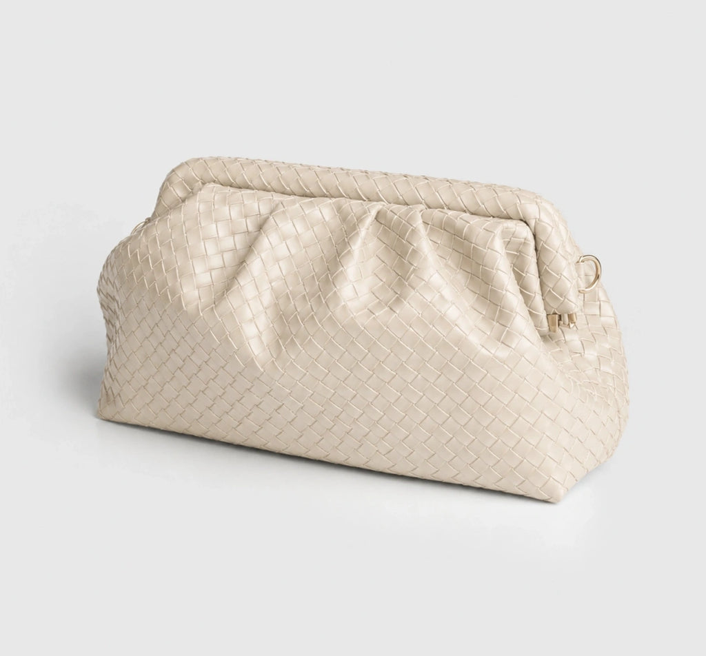 Aura Ekru Örgü Dokulu Clutch Omuz ve Çapraz Çanta