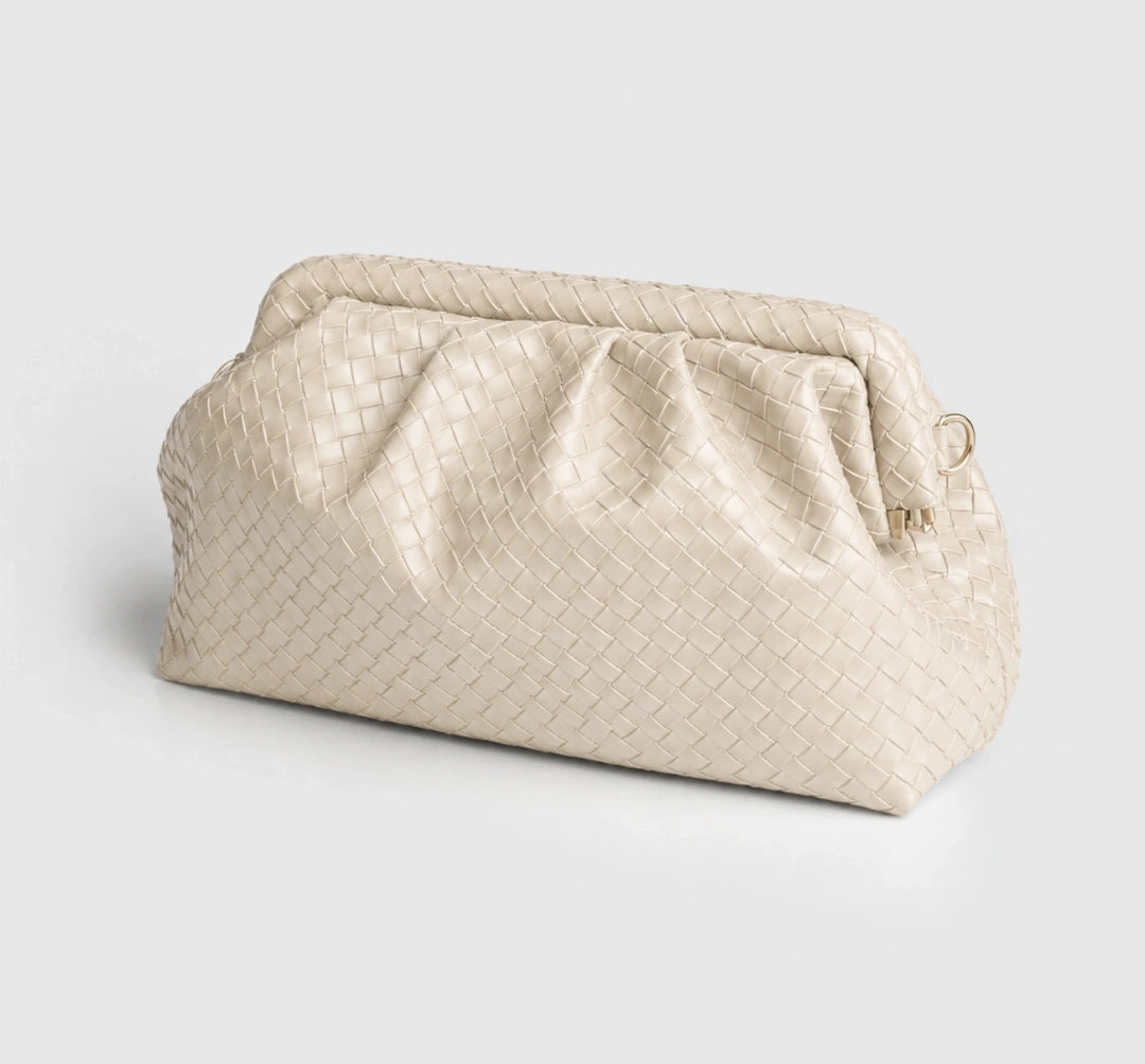 Aura Ekru Örgü Dokulu Clutch Omuz ve Çapraz Çanta