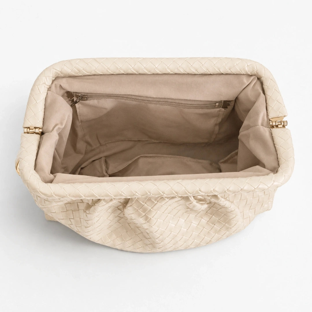 Aura Ekru Örgü Dokulu Clutch Omuz ve Çapraz Çanta
