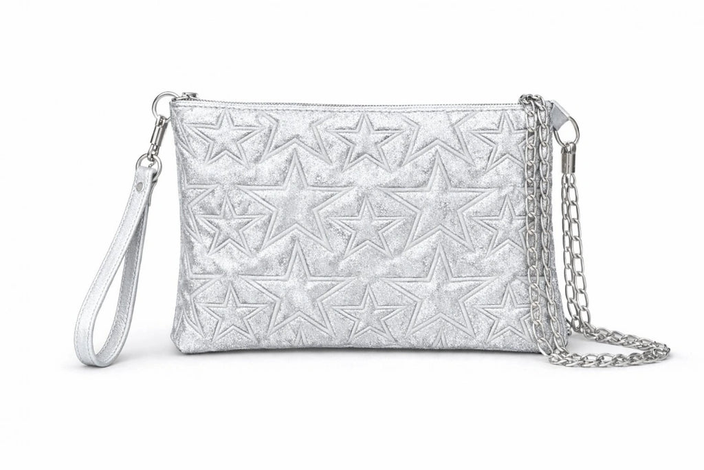 Yıldız Desenli Gümüş Simli Clutch Portföy Çanta
