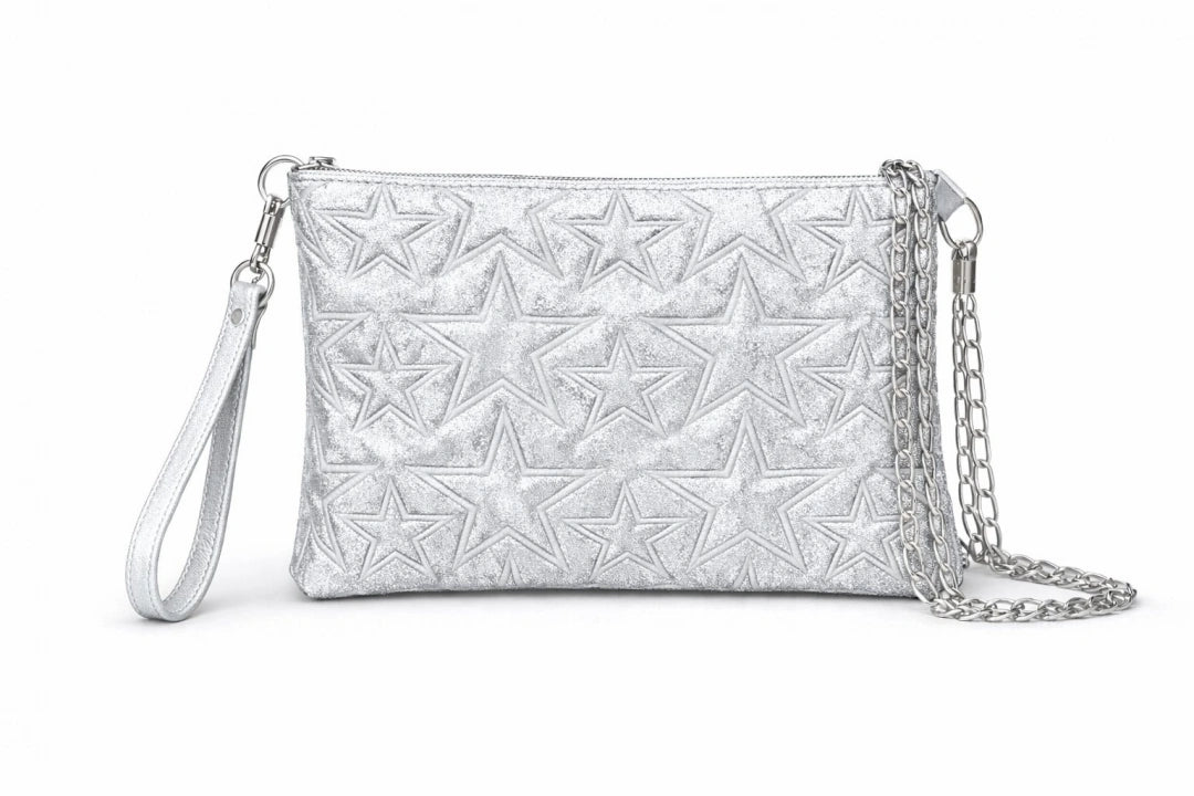 Yıldız Desenli Gümüş Simli Clutch Portföy Çanta