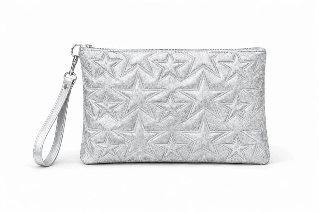 Yıldız Desenli Gümüş Simli Clutch Portföy Çanta