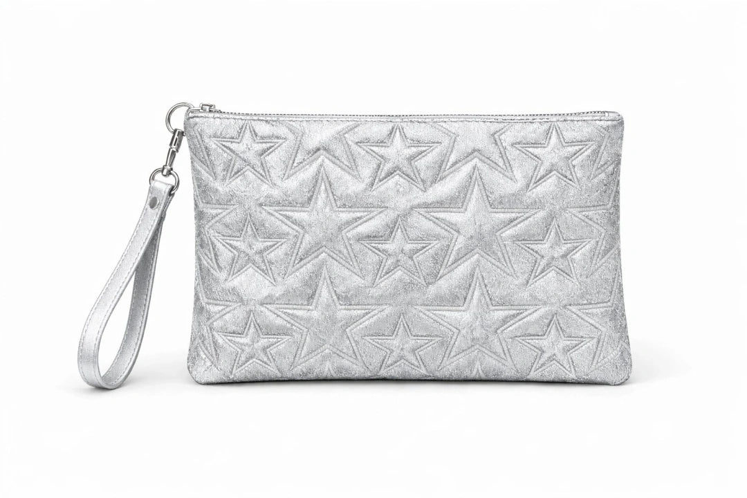 Yıldız Desenli Gümüş Simli Clutch Portföy Çanta