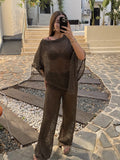 Kahve Simli Asimetrik Bluz ve Pantolon Takım
