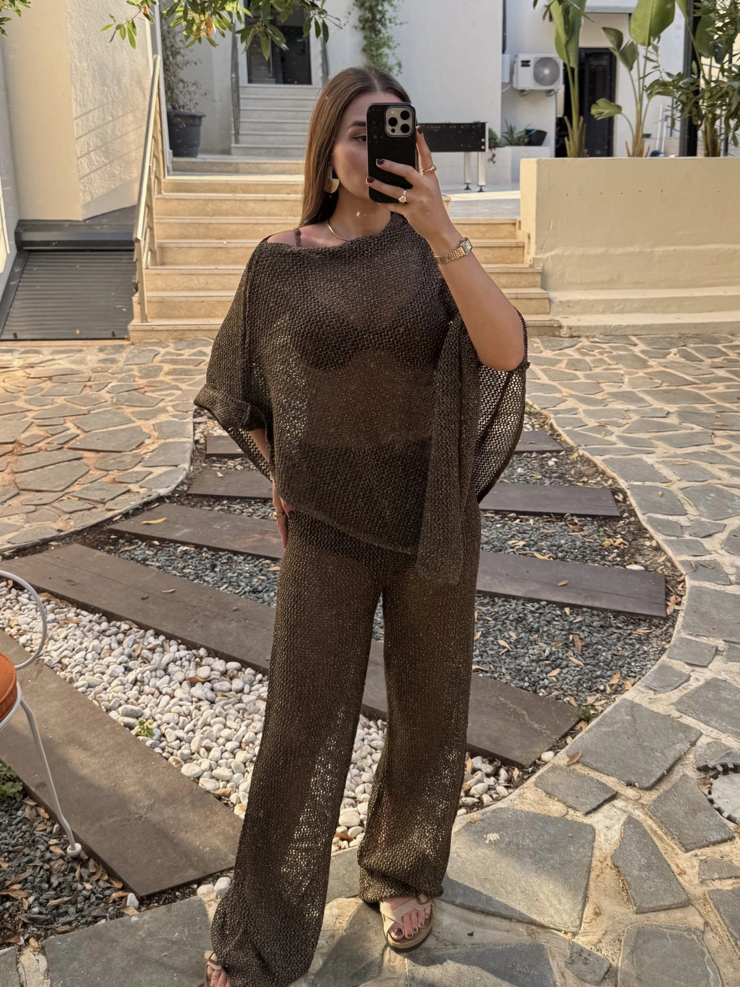 Kahve Simli Asimetrik Bluz ve Pantolon Takım