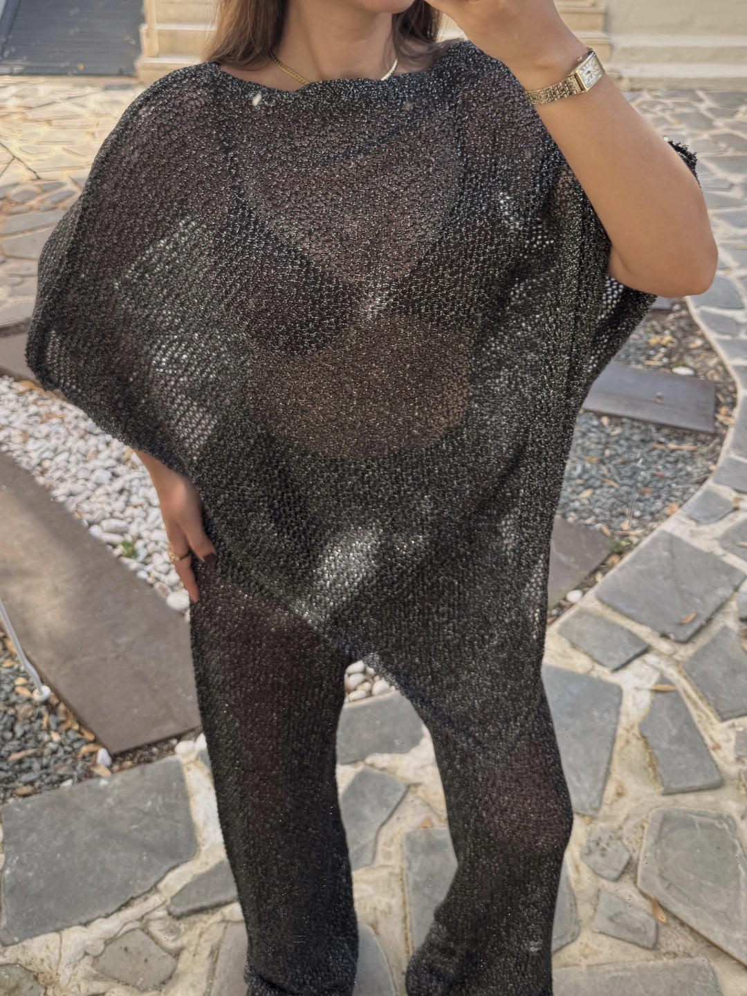 Siyah Simli Asimetrik Bluz ve Pantolon Takım